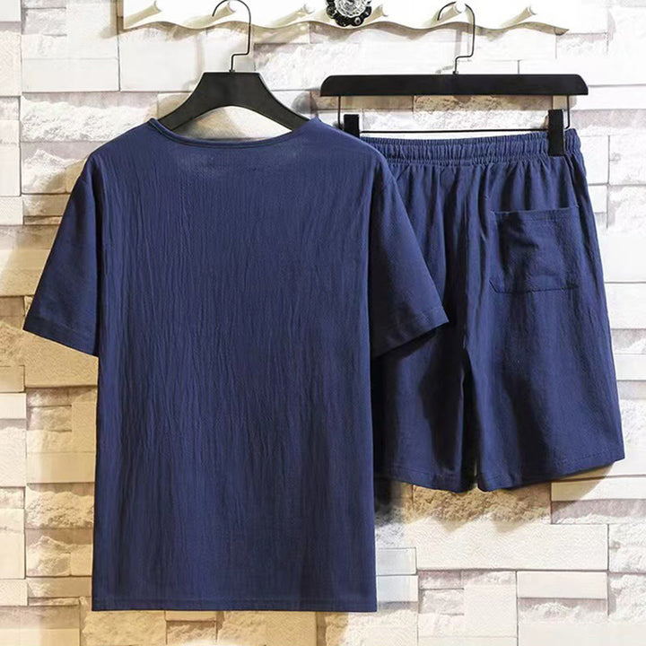 Ensemble 2 pièces Buddha Stones : t-shirt à manches courtes, pantalon court avec cordon de serrage et poches, tissu de méditation en coton et lin pour homme - image 1