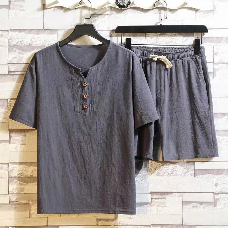 Ensemble 2 pièces Buddha Stones : t-shirt à manches courtes, pantalon court avec cordon de serrage et poches, tissu de méditation en coton et lin pour homme - Gris terne - US/UK/AU46，EU56 (5XL) - image 7