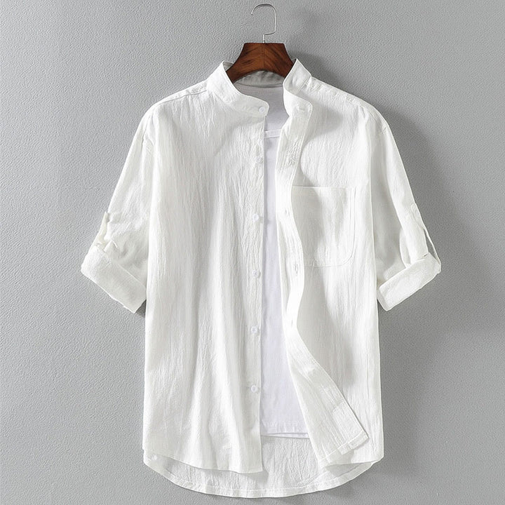 Buddha Stones homme en coton et lin, style vintage décontracté, simple boutonnage, manches trois-quarts, avec poche