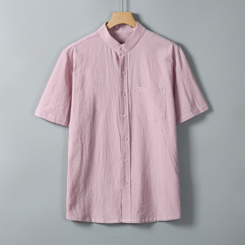 Chemise homme en coton et lin à manches courtes et poches, couleur unie, imprimé Buddha Stones - Rose - US/UK/AU46，EU56 (5XL) - image 10