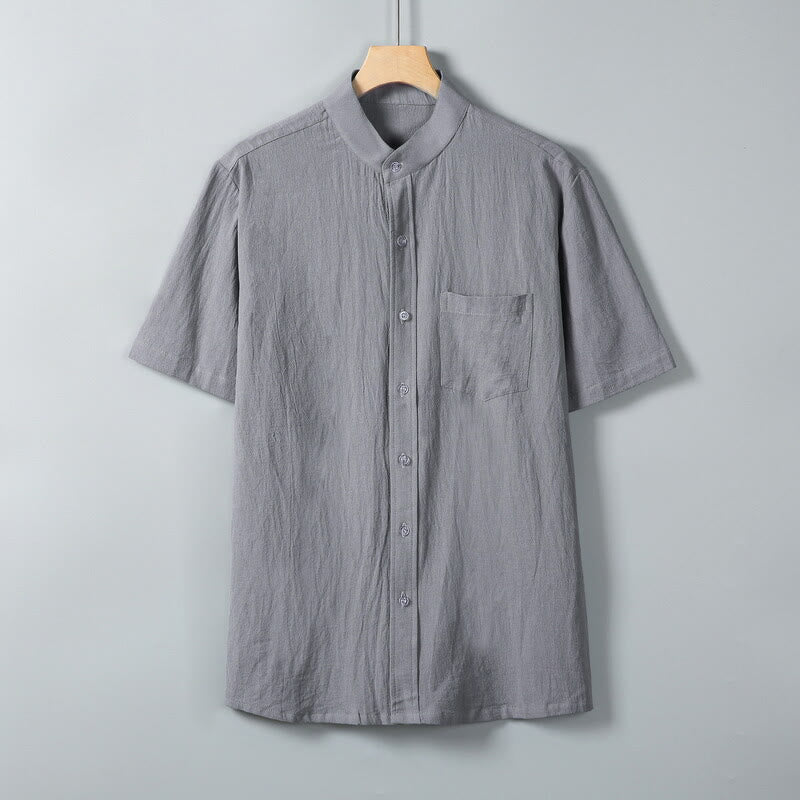 Chemise homme en coton et lin à manches courtes et poches, couleur unie, imprimé Buddha Stones - Gris foncé - US/UK/AU46，EU56 (5XL) - image 0