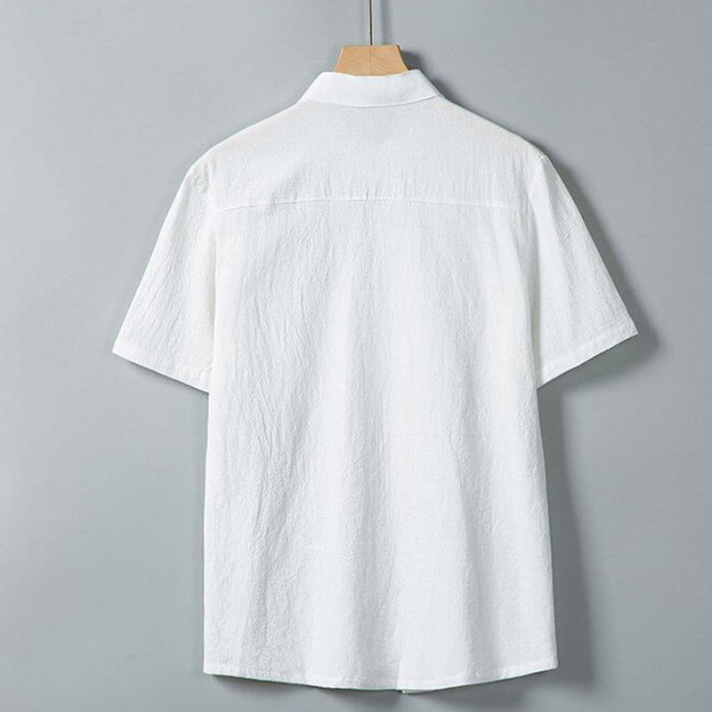 Chemise homme en coton et lin à manches courtes et poches, couleur unie, imprimé Buddha Stones - image 2