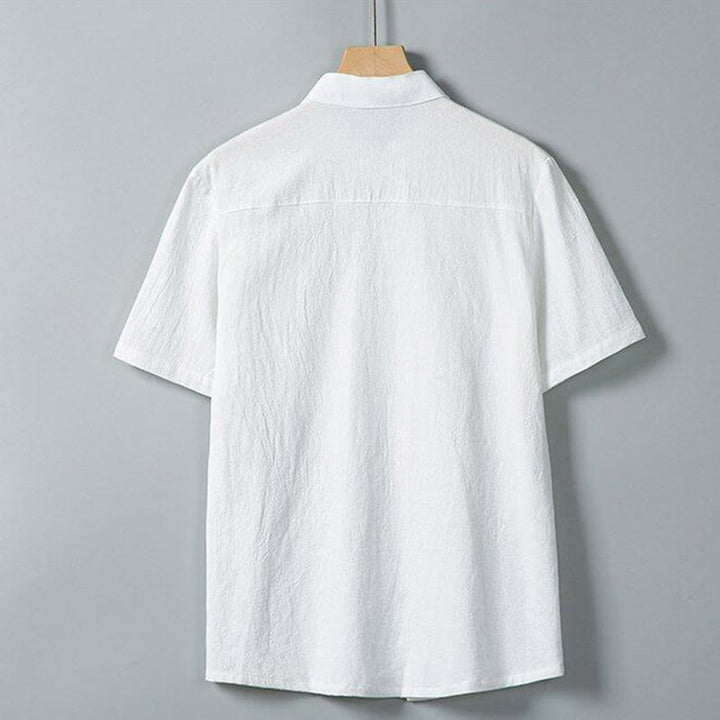 Chemise homme en coton et lin à manches courtes et poches, couleur unie, imprimé Buddha Stones - image 2