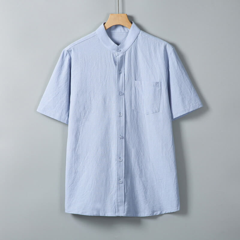 Chemise homme en coton et lin à manches courtes et poches, couleur unie, imprimé Buddha Stones - Bleu ciel clair - US/UK/AU46，EU56 (5XL) - image 13