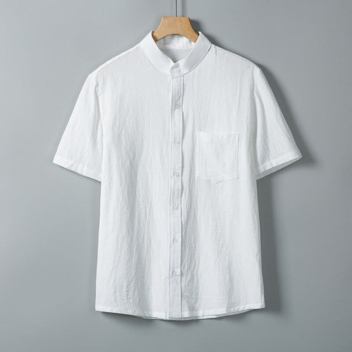 Chemise homme en coton et lin à manches courtes et poches, couleur unie, imprimé Buddha Stones - Blanc - US/UK/AU46，EU56 (5XL) - image 1