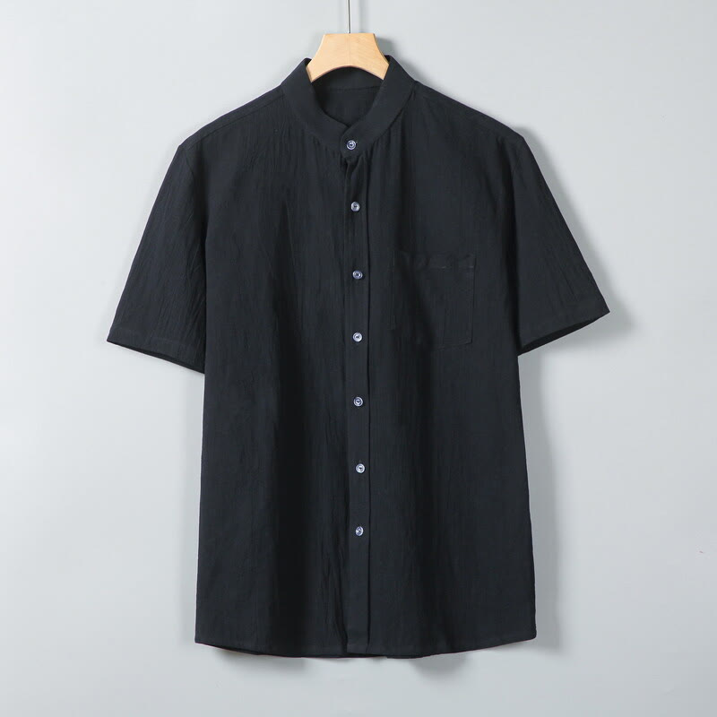 Chemise homme en coton et lin à manches courtes et poches, couleur unie, imprimé Buddha Stones - Noir - US/UK/AU46，EU56 (5XL) - image 8