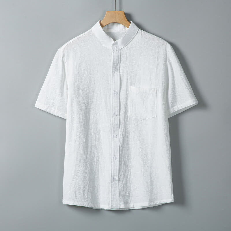 Chemise homme en coton et lin à manches courtes et poches, couleur unie, imprimé Buddha Stones - Blanc - US/UK/AU46，EU56 (5XL) - image 1