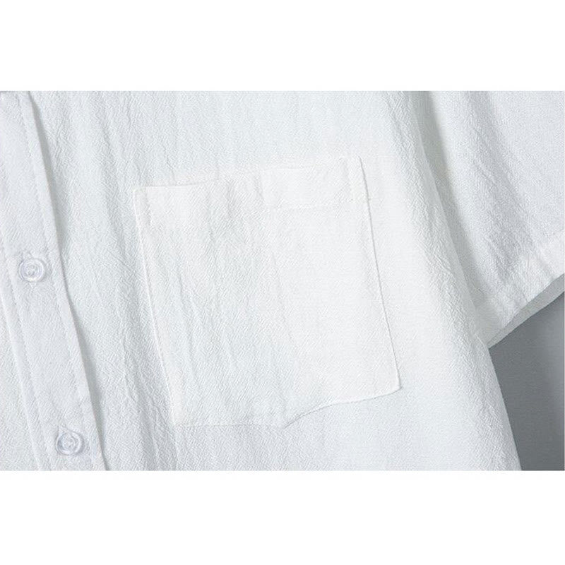 Chemise homme en coton et lin à manches courtes et poches, couleur unie, imprimé Buddha Stones - image 5