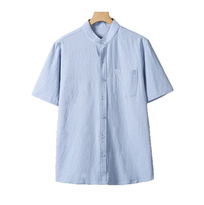 Chemise homme en coton et lin à manches courtes et poches, couleur unie, imprimé Buddha Stones - image 14