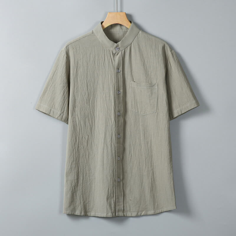 Chemise homme en coton et lin à manches courtes et poches, couleur unie, imprimé Buddha Stones - Kaki foncé - US/UK/AU46，EU56 (5XL) - image 12