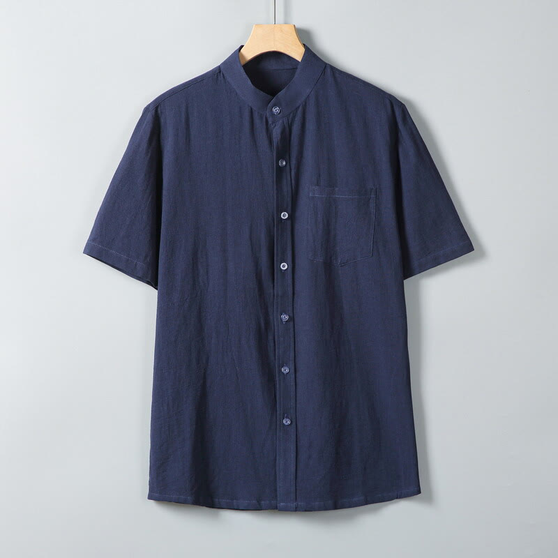 Chemise homme en coton et lin à manches courtes et poches, couleur unie, imprimé Buddha Stones - Marine - US/UK/AU46，EU56 (5XL) - image 15