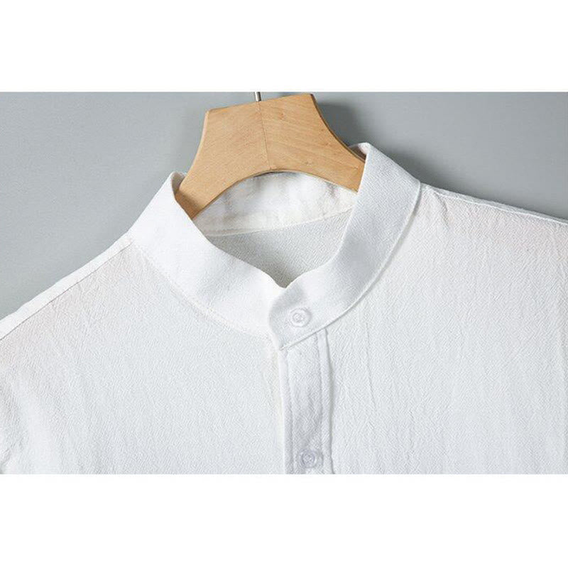 Chemise homme en coton et lin à manches courtes et poches, couleur unie, imprimé Buddha Stones - image 3