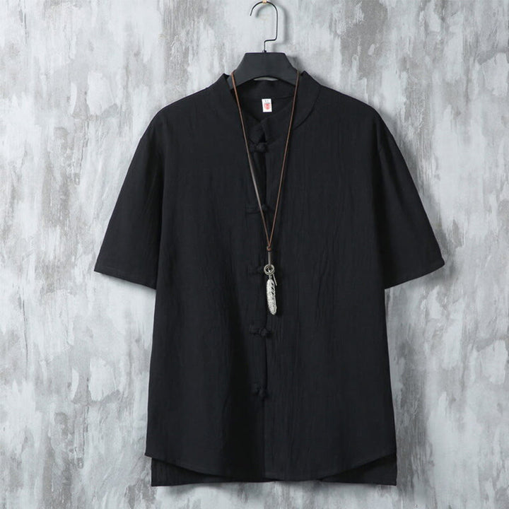Chemise décontractée à manches courtes en coton et lin pour homme, motif Buddha Stones , à boutons chinois, style grenouille - Noir - US/UK/AU46，EU56 (5XL) - image 10