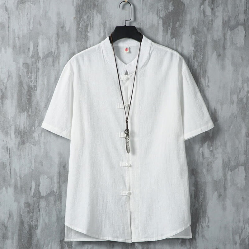 Chemise décontractée à manches courtes en coton et lin pour homme, motif Buddha Stones , à boutons chinois, style grenouille - Blanc - US/UK/AU46，EU56 (5XL) - image 1