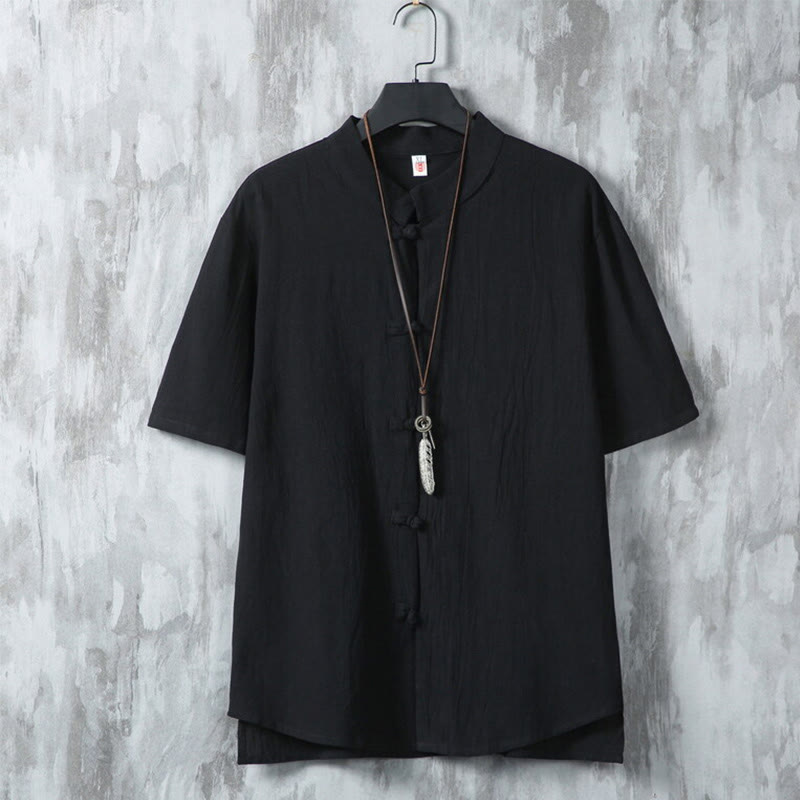 Chemise décontractée à manches courtes en coton et lin pour homme, motif Buddha Stones , à boutons chinois, style grenouille - Noir - US/UK/AU46，EU56 (5XL) - image 10