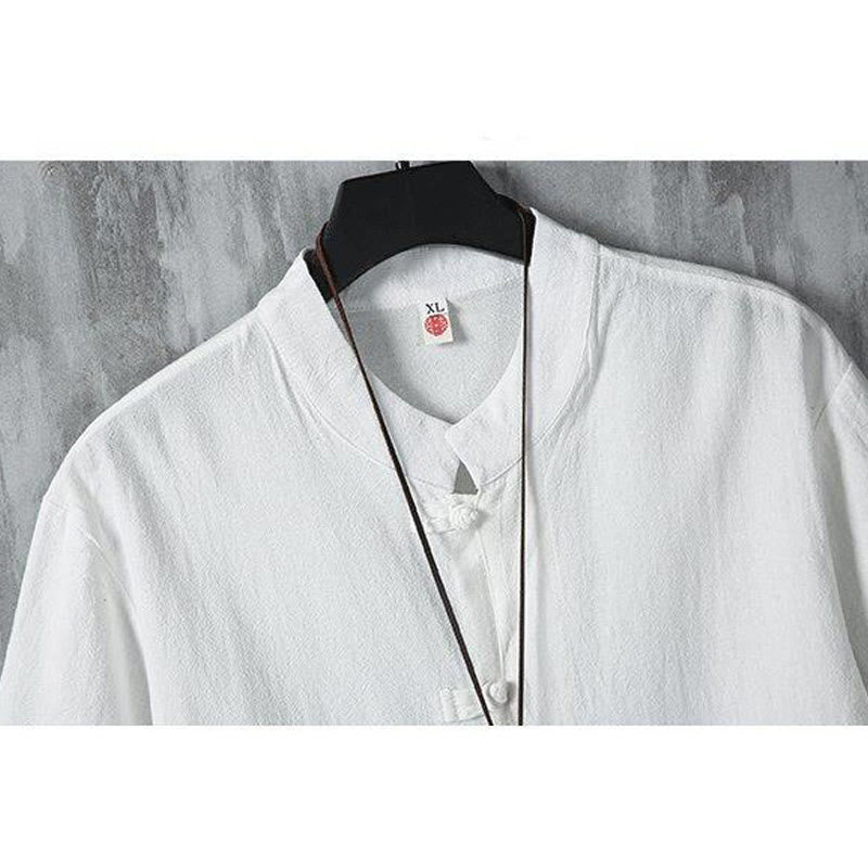 Chemise décontractée à manches courtes en coton et lin pour homme, motif Buddha Stones , à boutons chinois, style grenouille - image 5