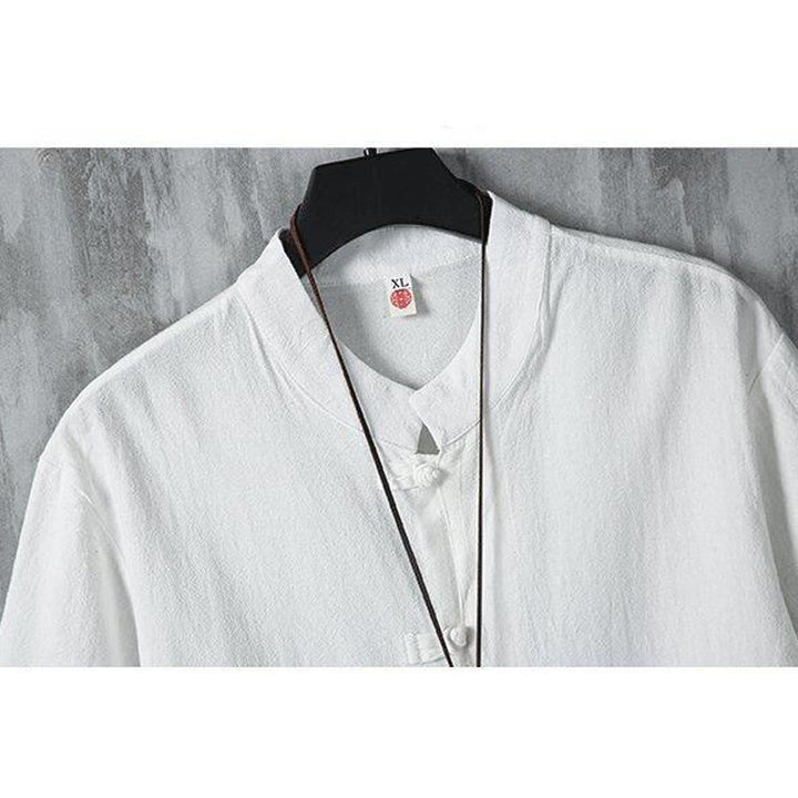 Chemise décontractée à manches courtes en coton et lin pour homme, motif Buddha Stones , à boutons chinois, style grenouille - image 5