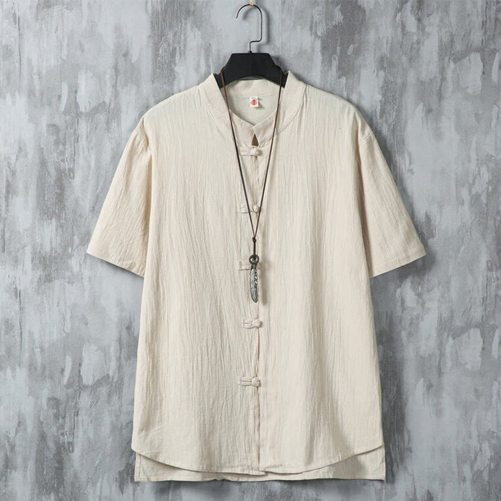 Chemise décontractée à manches courtes en coton et lin pour homme, motif Buddha Stones , à boutons chinois, style grenouille - Verge d'or claireJaune - US/UK/AU46，EU56 (5XL) - image 0