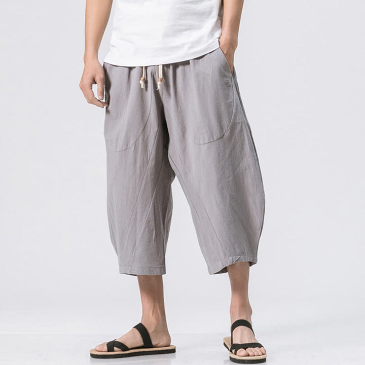 Pantalon Buddha Stones' été décontracté en coton et lin pour homme, coupe simple et unie, longueur 7-8, avec cordon de serrage et poches