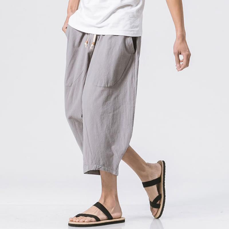 Pantalon Buddha Stones' été décontracté en coton et lin pour homme, coupe simple et unie, longueur 7-8, avec cordon de serrage et poches