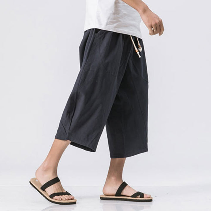 Pantalon Buddha Stones' été décontracté en coton et lin pour homme, coupe simple et unie, longueur 7-8, avec cordon de serrage et poches