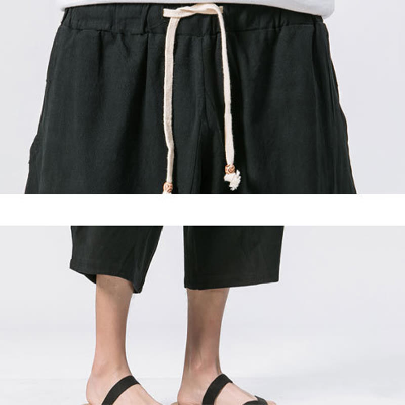 Pantalon Buddha Stones' été décontracté en coton et lin pour homme, coupe simple et unie, longueur 7-8, avec cordon de serrage et poches