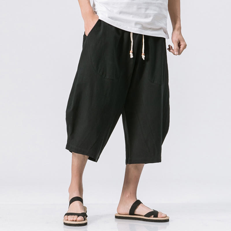 Pantalon Buddha Stones' été décontracté en coton et lin pour homme, coupe simple et unie, longueur 7-8, avec cordon de serrage et poches