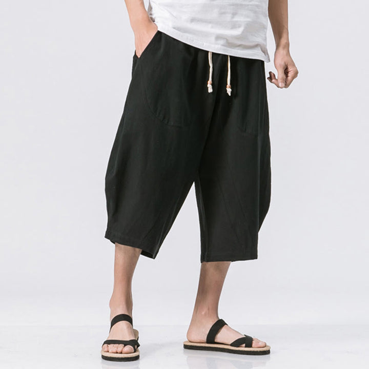 Pantalon Buddha Stones' été décontracté en coton et lin pour homme, coupe simple et unie, longueur 7-8, avec cordon de serrage et poches
