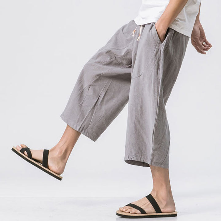 Pantalon Buddha Stones' été décontracté en coton et lin pour homme, coupe simple et unie, longueur 7-8, avec cordon de serrage et poches