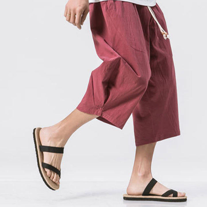Pantalon Buddha Stones' été décontracté en coton et lin pour homme, coupe simple et unie, longueur 7-8, avec cordon de serrage et poches