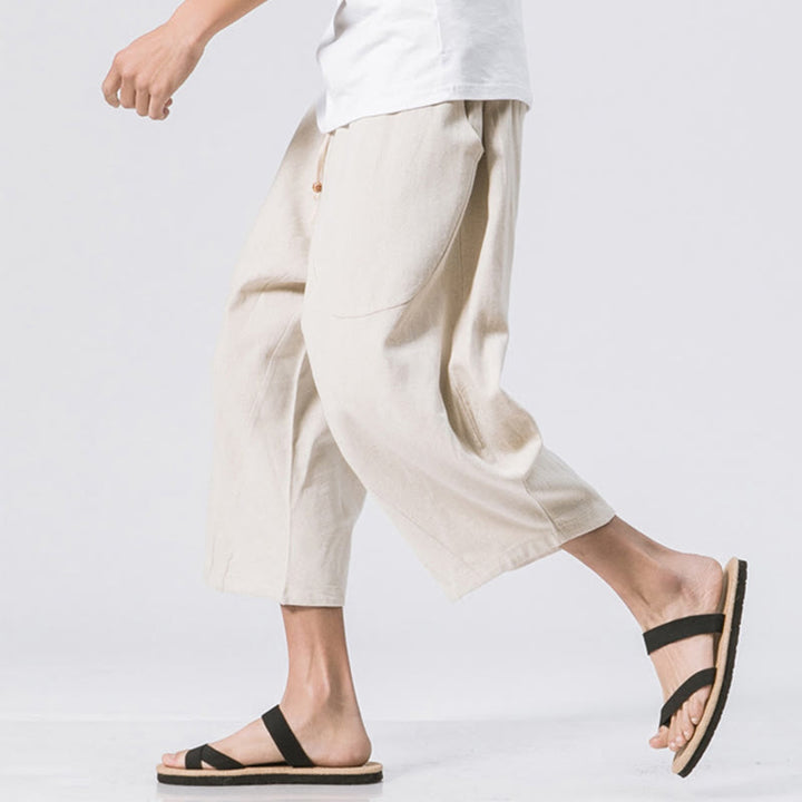 Pantalon Buddha Stones' été décontracté en coton et lin pour homme, coupe simple et unie, longueur 7-8, avec cordon de serrage et poches