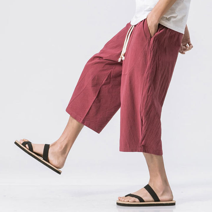 Pantalon Buddha Stones' été décontracté en coton et lin pour homme, coupe simple et unie, longueur 7-8, avec cordon de serrage et poches