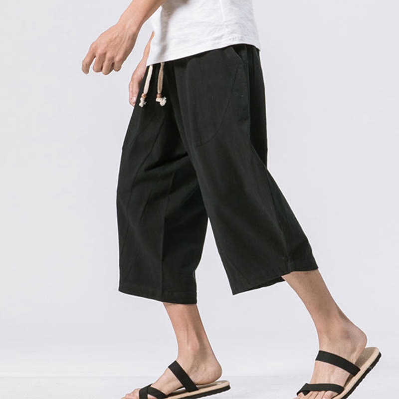 Pantalon Buddha Stones' été décontracté en coton et lin pour homme, coupe simple et unie, longueur 7-8, avec cordon de serrage et poches