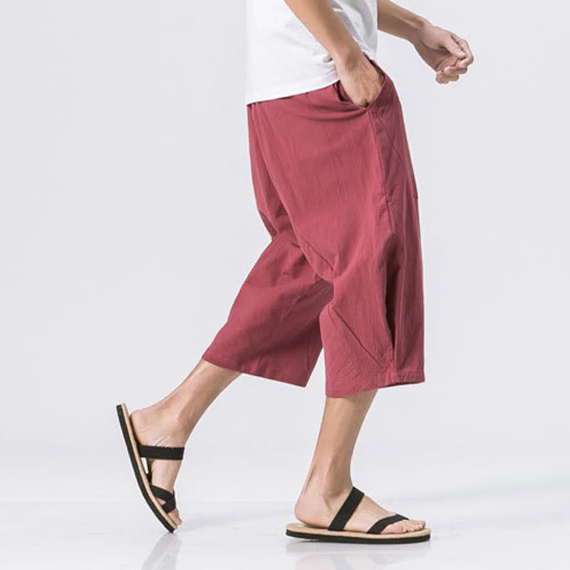 Pantalon Buddha Stones' été décontracté en coton et lin pour homme, coupe simple et unie, longueur 7-8, avec cordon de serrage et poches