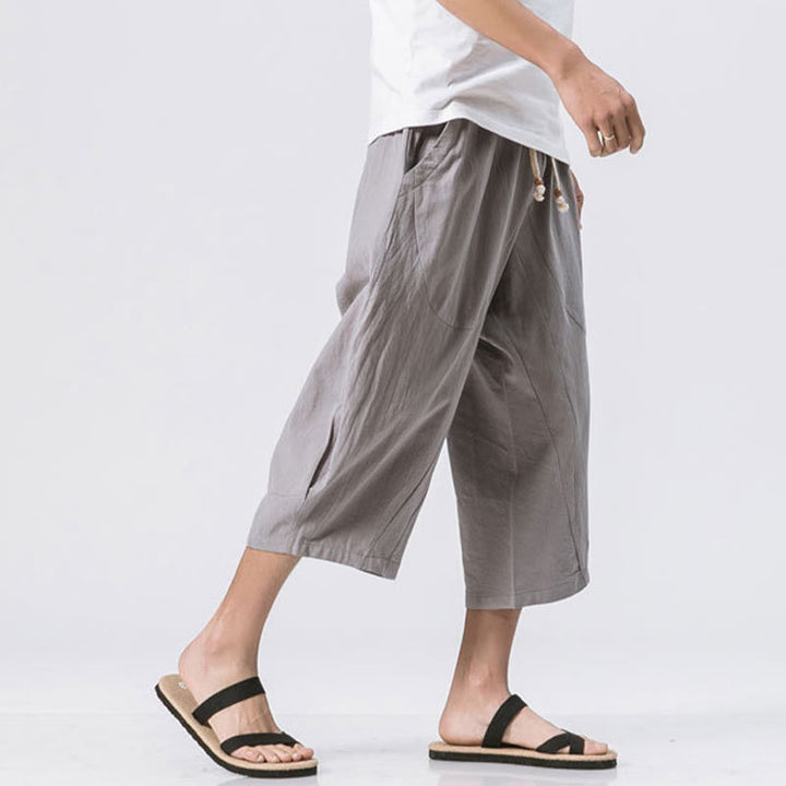 Pantalon Buddha Stones' été décontracté en coton et lin pour homme, coupe simple et unie, longueur 7-8, avec cordon de serrage et poches