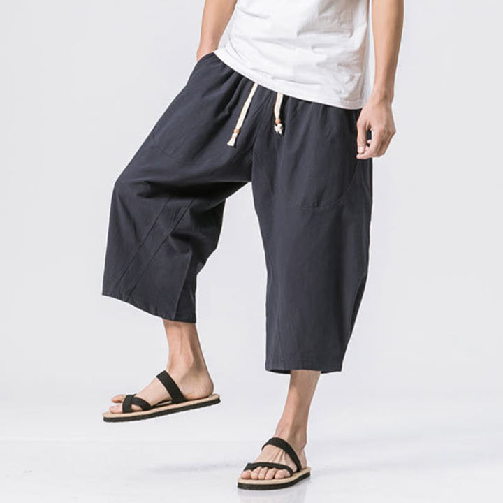 Pantalon Buddha Stones' été décontracté en coton et lin pour homme, coupe simple et unie, longueur 7-8, avec cordon de serrage et poches