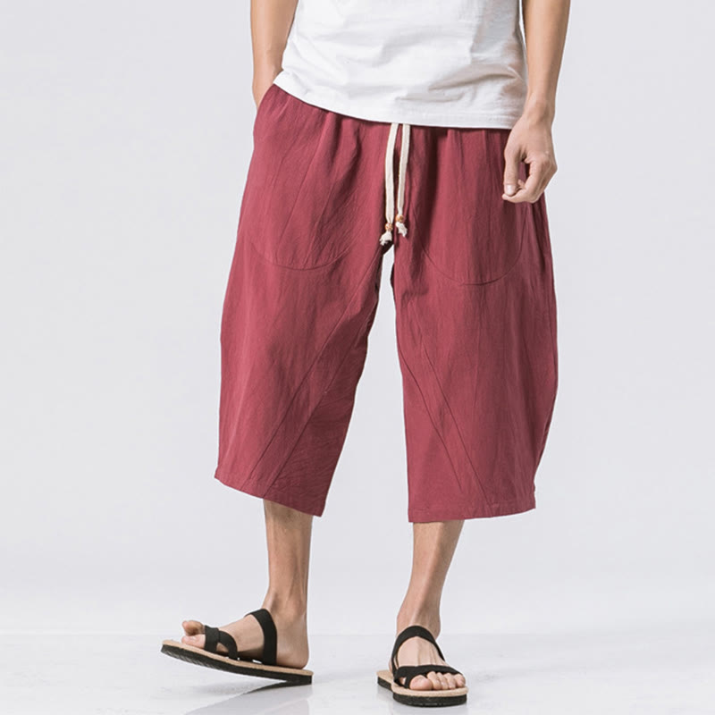 Pantalon Buddha Stones' été décontracté en coton et lin pour homme, coupe simple et unie, longueur 7-8, avec cordon de serrage et poches