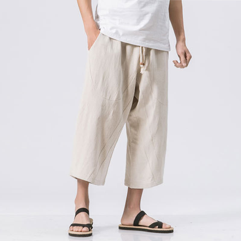 Pantalon Buddha Stones' été décontracté en coton et lin pour homme, coupe simple et unie, longueur 7-8, avec cordon de serrage et poches