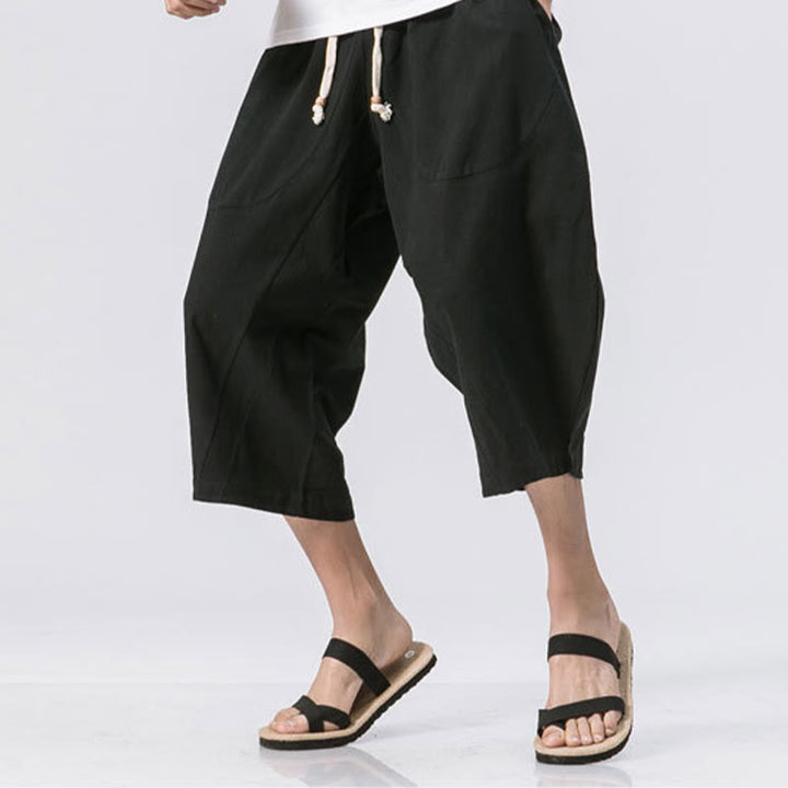 Pantalon Buddha Stones' été décontracté en coton et lin pour homme, coupe simple et unie, longueur 7-8, avec cordon de serrage et poches