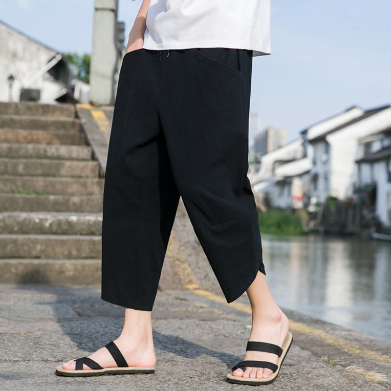 Pantalon d'été décontracté en coton et lin pour homme , Buddha Stones fuselée, simple et unie, avec cordon de serrage, longueur 7-8, avec poches - image 5