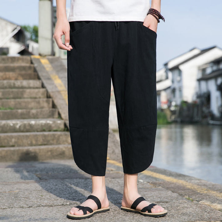 Pantalon d'été décontracté en coton et lin pour homme , Buddha Stones fuselée, simple et unie, avec cordon de serrage, longueur 7-8, avec poches - image 6