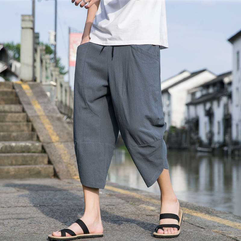 Pantalon d'été décontracté en coton et lin pour homme , Buddha Stones fuselée, simple et unie, avec cordon de serrage, longueur 7-8, avec poches - Bleu acier - US/UK/AU46，EU56 (5XL) - image 0