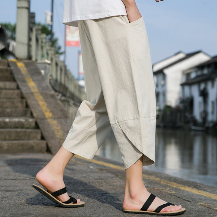 Pantalon d'été décontracté en coton et lin pour homme , Buddha Stones fuselée, simple et unie, avec cordon de serrage, longueur 7-8, avec poches - image 18