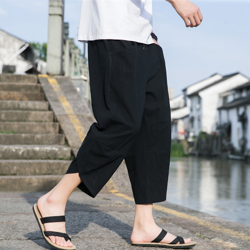 Pantalon d'été décontracté en coton et lin pour homme , Buddha Stones fuselée, simple et unie, avec cordon de serrage, longueur 7-8, avec poches - Noir - US/UK/AU46，EU56 (5XL) - image 4