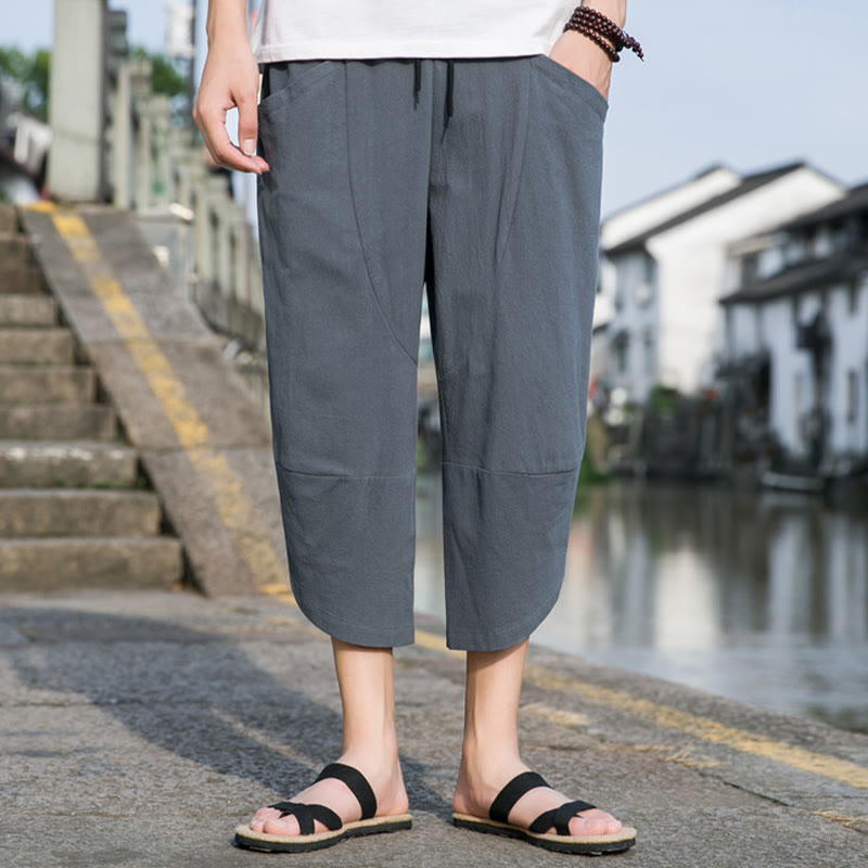 Pantalon d'été décontracté en coton et lin pour homme , Buddha Stones fuselée, simple et unie, avec cordon de serrage, longueur 7-8, avec poches - image 1