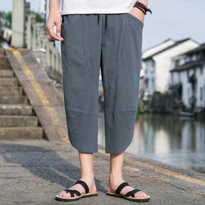 Pantalon d'été décontracté en coton et lin pour homme , Buddha Stones fuselée, simple et unie, avec cordon de serrage, longueur 7-8, avec poches - image 1