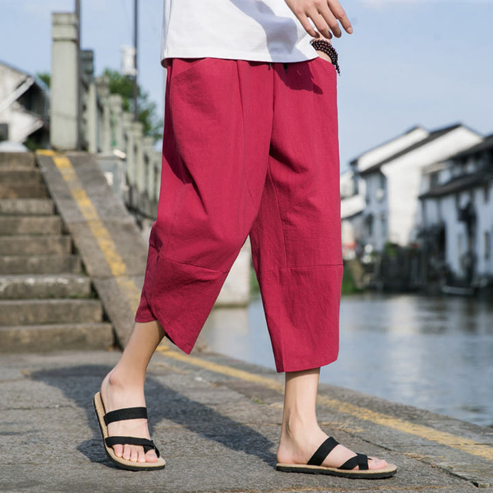 Pantalon d'été décontracté en coton et lin pour homme , Buddha Stones fuselée, simple et unie, avec cordon de serrage, longueur 7-8, avec poches - image 24