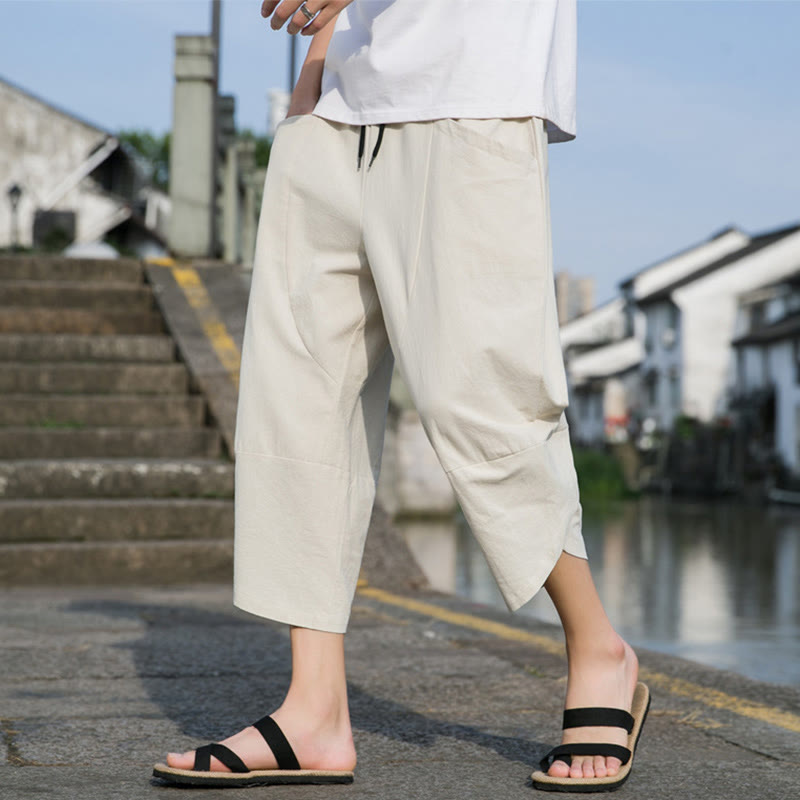 Pantalon d'été décontracté en coton et lin pour homme , Buddha Stones fuselée, simple et unie, avec cordon de serrage, longueur 7-8, avec poches - image 17