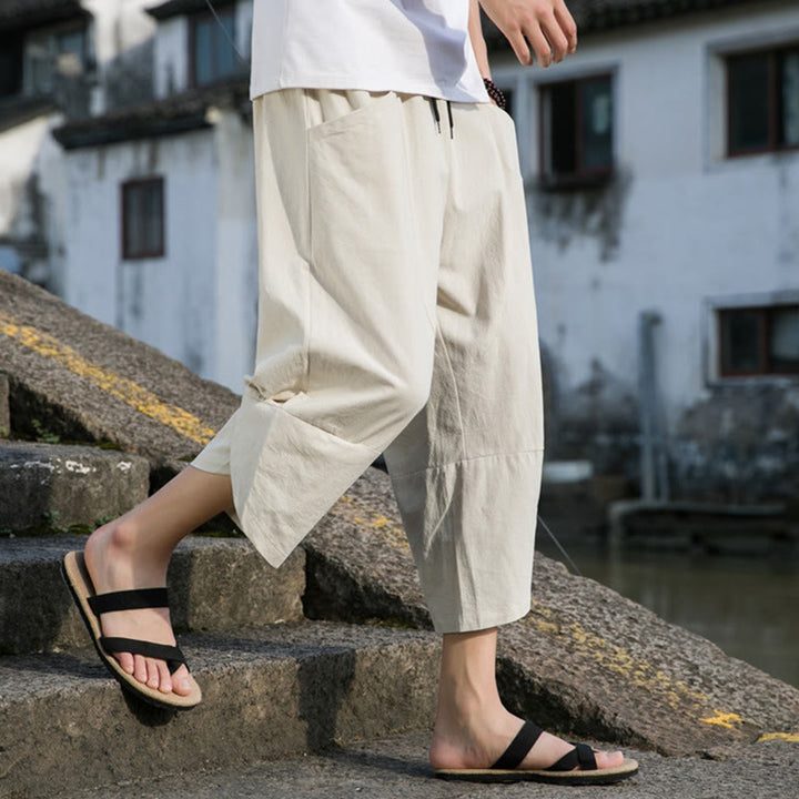 Pantalon d'été décontracté en coton et lin pour homme , Buddha Stones fuselée, simple et unie, avec cordon de serrage, longueur 7-8, avec poches - image 19