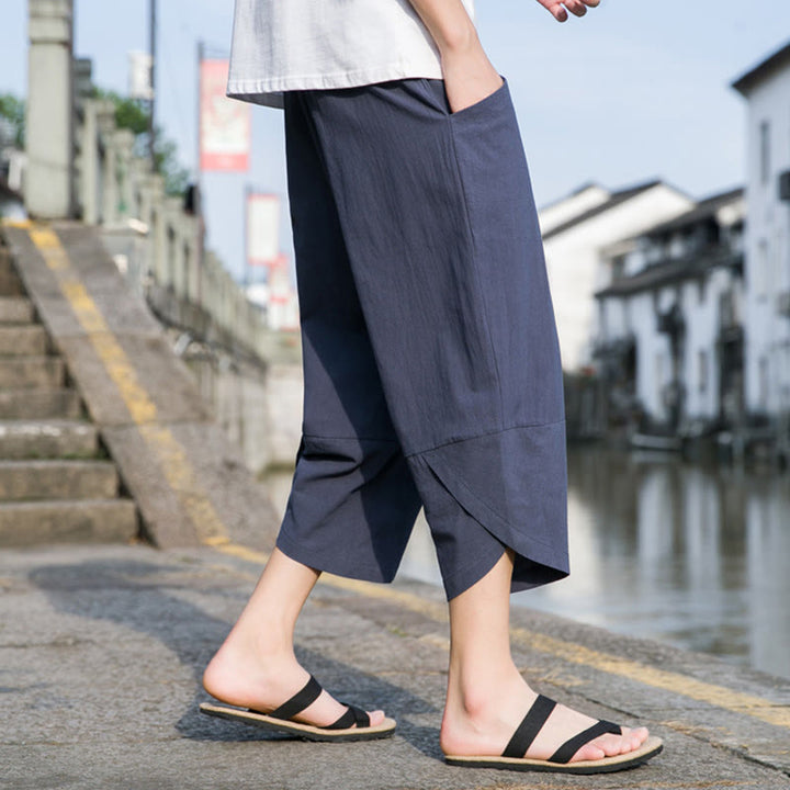 Pantalon d'été décontracté en coton et lin pour homme , Buddha Stones fuselée, simple et unie, avec cordon de serrage, longueur 7-8, avec poches - image 14